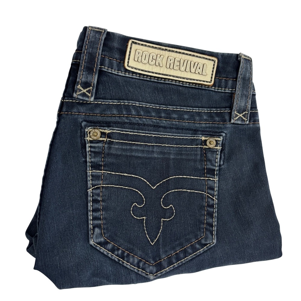 Rock Revival Straight Dark Blue Jeans Womens M Anabela Embroidered Pockets